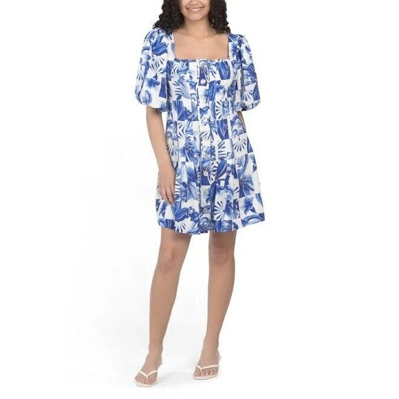 Caroline Constas womens Linen Short Mini Dress size 6 White & Blue Floral Button - Picture 2 of 9